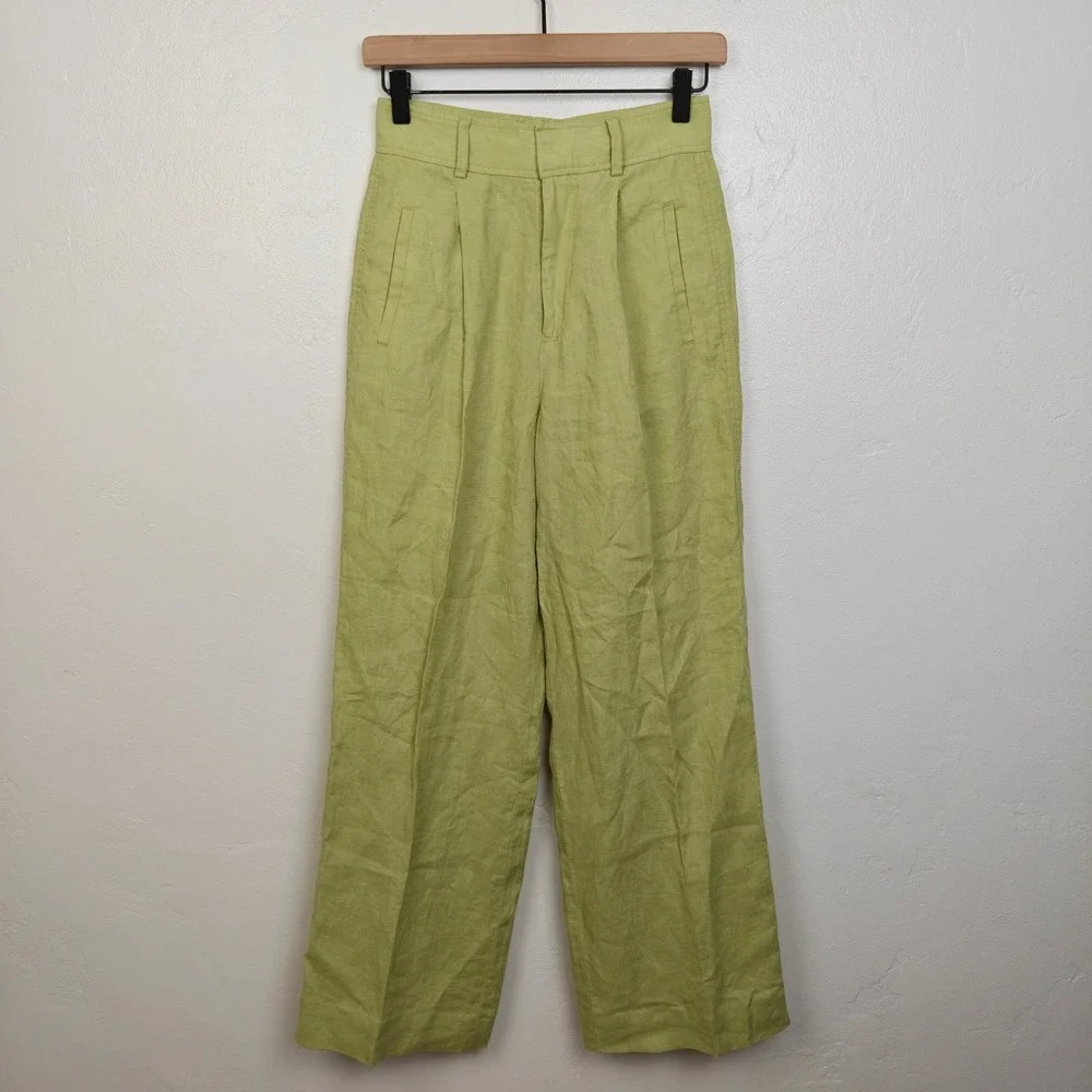 Everlane Way-High Slouch Pants Womens 00 Green Linen Wide Leg High Rise Trousers